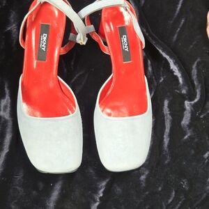 DKNY Light Blue Suede Mary Jane Heels Red Block Heel Size 7.5